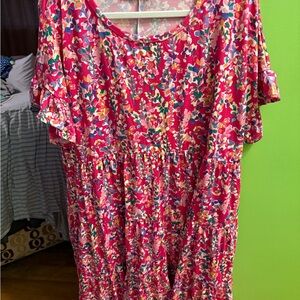 Floral Pink Short-Sleeve Tiered Dress